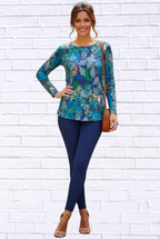 Tropical Toucan Print Long Sleeve Top _ Soft Knit Round Neck Casual Statement Blouse