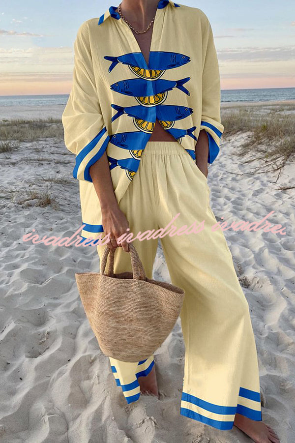Unique Ocean Print Oversized Shirt and Elastic Waist Pocket Pants Set