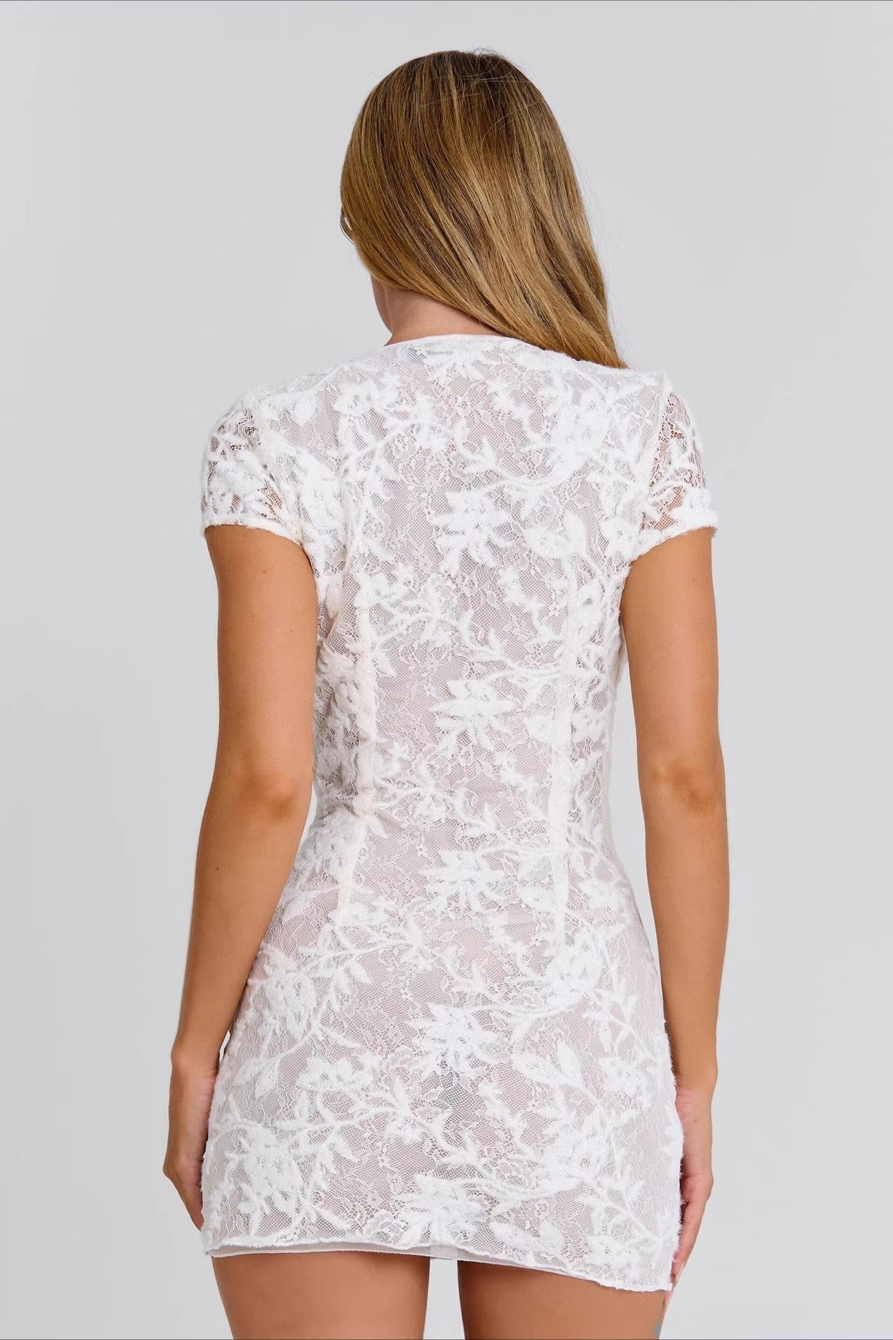 Floral Lace Deep V Twist Waist Cap Sleeve Bodycon Mini Dress
