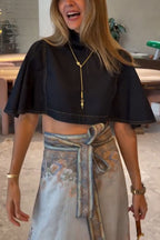 Next Vacation Denim Mock Neck Short Flutter Sleeves Crop Top