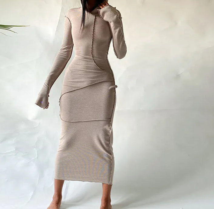 Mock Neck Long Sleeve Thumbhole Ribbed Knit Exposed Seam Bodycon Maxi Dress