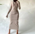 Mock Neck Long Sleeve Thumbhole Ribbed Knit Exposed Seam Bodycon Maxi Dress