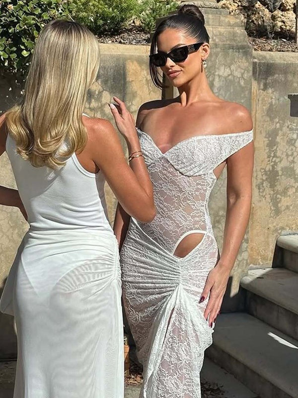 Two-piece Set: Patchwork Off-shoulder Backless Bodysuit With Sheer Lace Slit Maxi Skirt