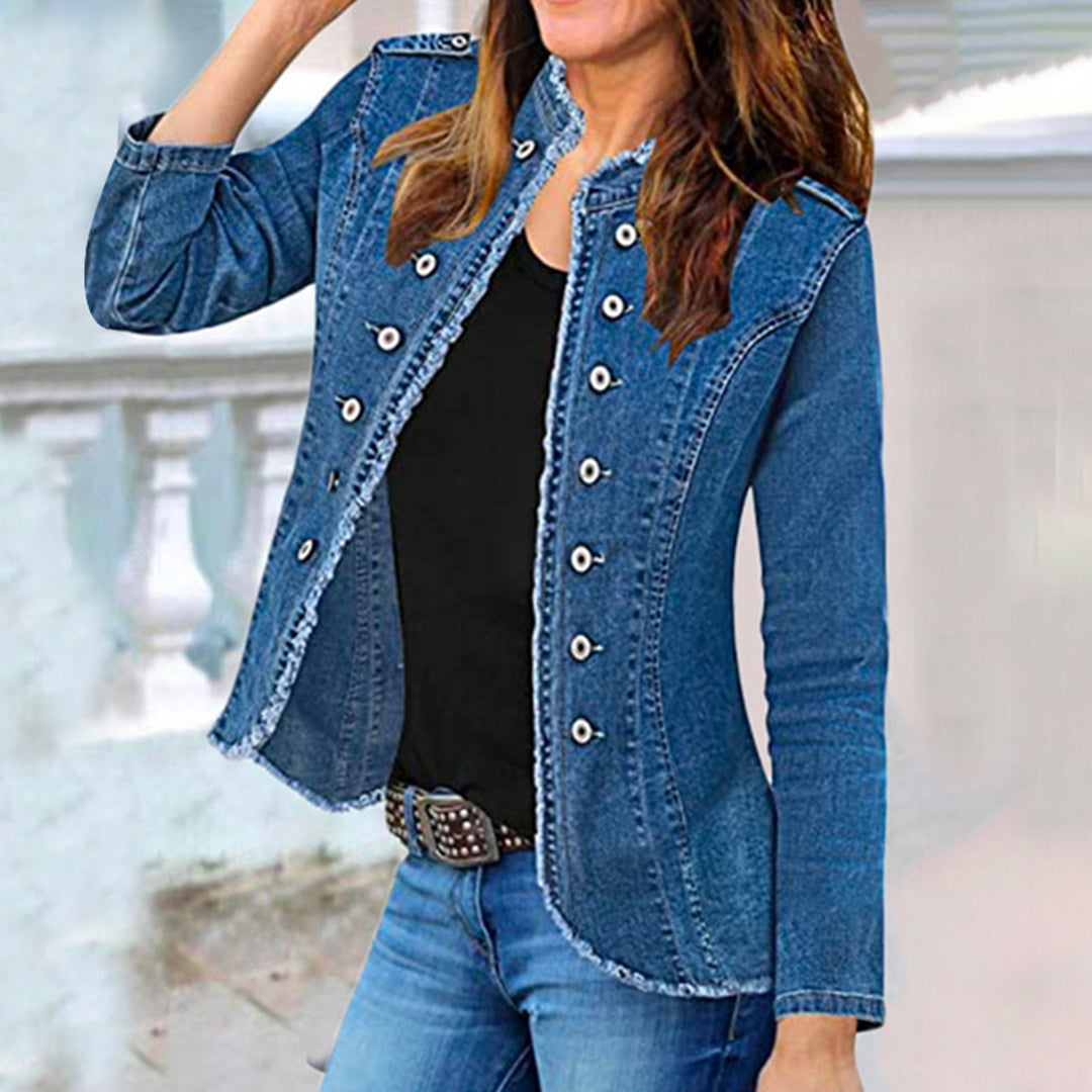 Stand Collar Double Breasted Raw Hem Denim Jacket