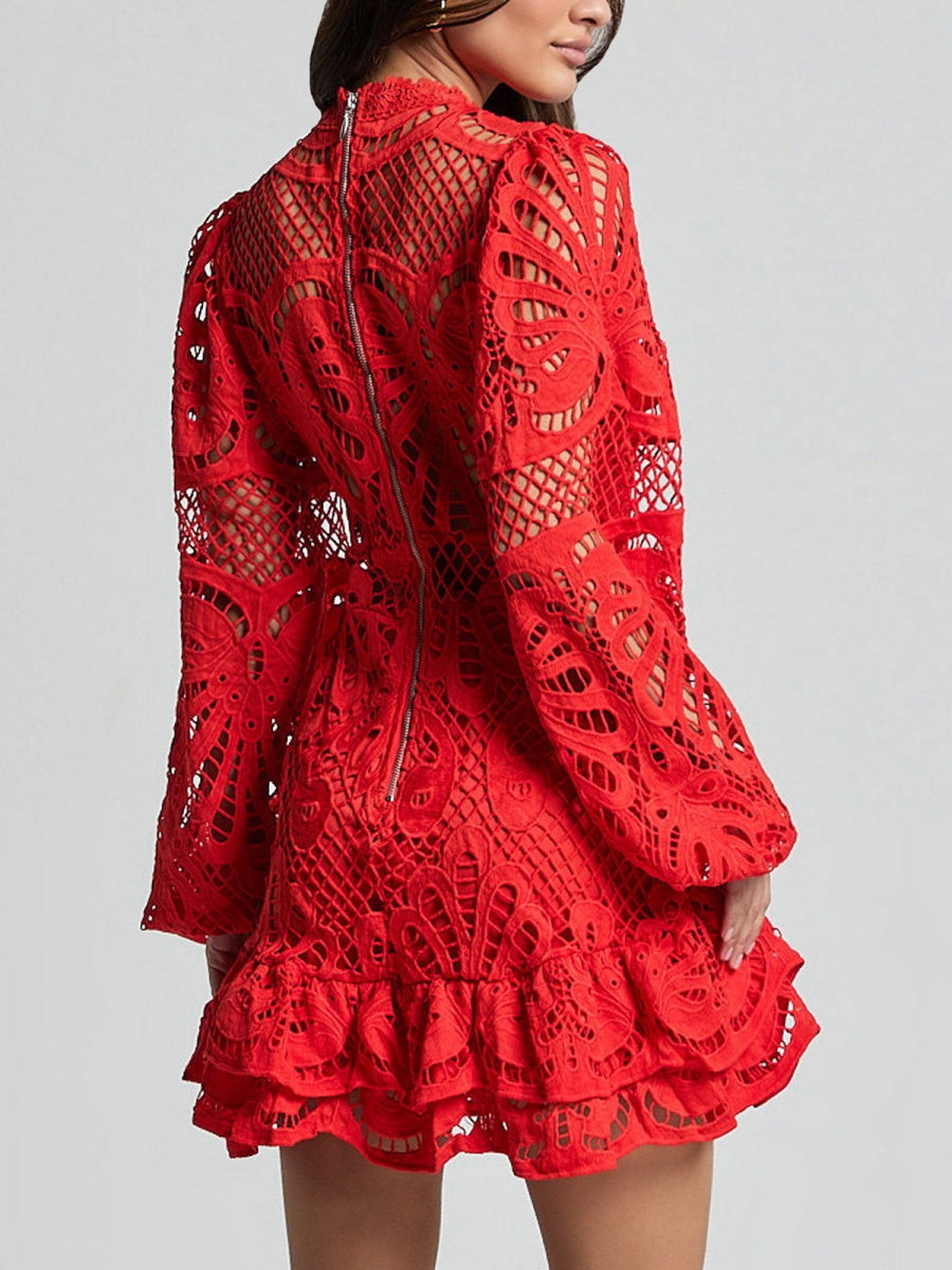 Lantern-style Long-sleeved, Fitted A-line Dress With Ruffled Hem And Water-soluble Lace.