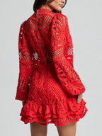 Lantern-style Long-sleeved, Fitted A-line Dress With Ruffled Hem And Water-soluble Lace.