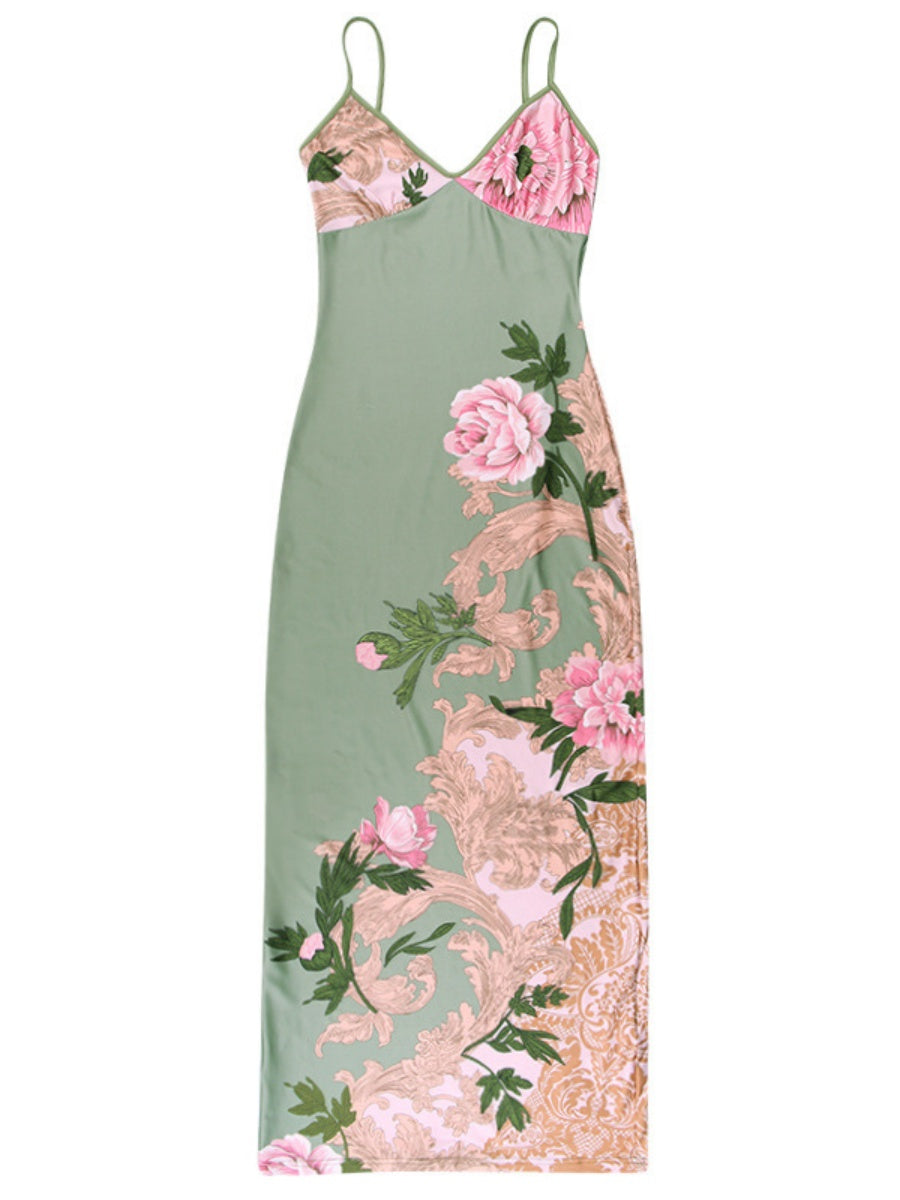 V-neck Camisoles Printed Sexy Backless Maxi Dresses