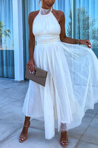 Halter Backless Waisted Tulle Maxi Dress