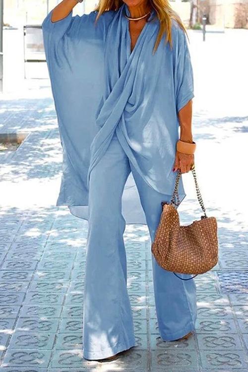 Cross Front Batwing Top Wide Leg Pants Cotton Linen Set