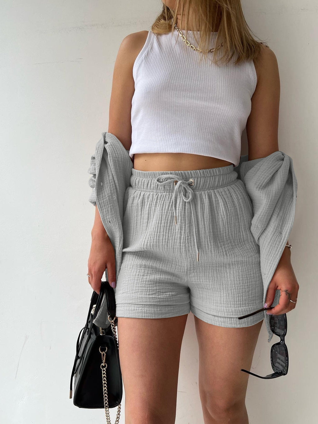 Long-sleeved Shirt And High-waisted Drawstring Shorts Casual Two-piece Set