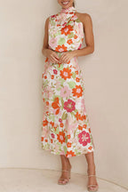 Cowl Neck Sleeveless Floral Print Satin Bias Cut Midi Dress