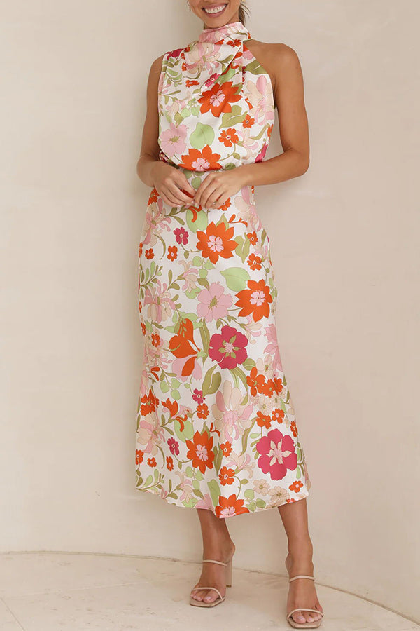 Cowl Neck Sleeveless Floral Print Satin Bias Cut Midi Dress