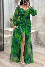 Off Shoulder Bishop Sleeve Jewel Embellished Plisse Abstract Print Maxi Gown