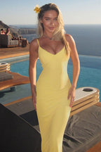 Yellow Spaghetti Strap Sweetheart Neck Scallop Trim Ruched Mermaid Maxi Dress