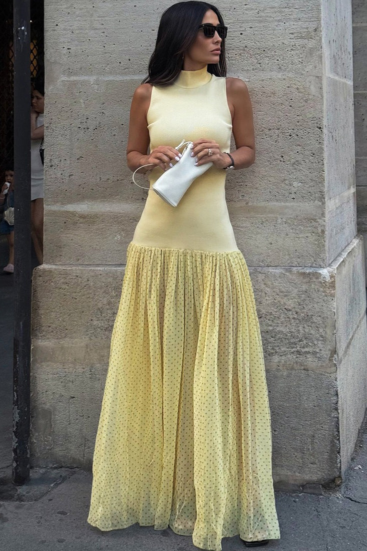 Mock Neck Ribbed Knit Drop Waist Polka Dot Tier Maxi Dress