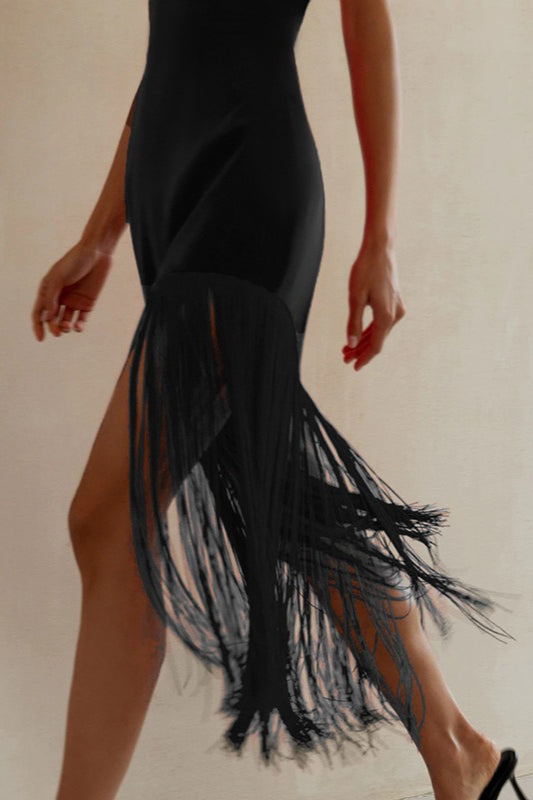Strapless Fringe Layer High Split Bodycon Mini Dress