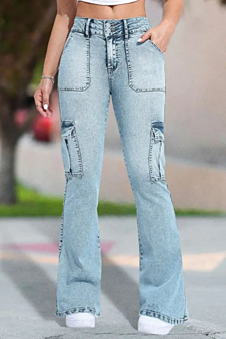 Multi Pocket Double Button Mid Rise Flare Cargo Jeans