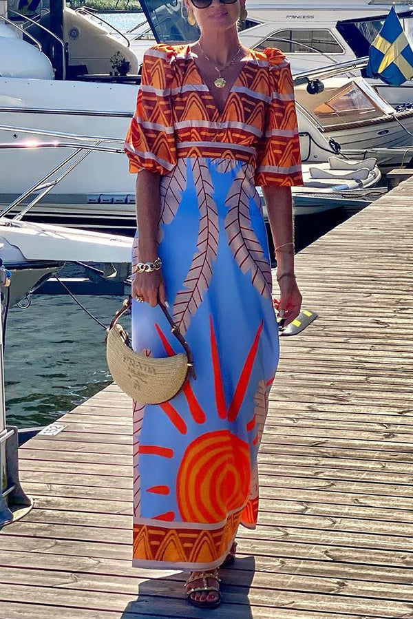 Printed Puff Sleeve Deep V-Neck Palm Graphic Tiered Hem Maxi Dress