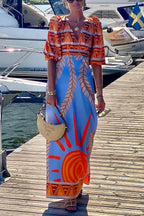 Printed Puff Sleeve Deep V-Neck Palm Graphic Tiered Hem Maxi Dress