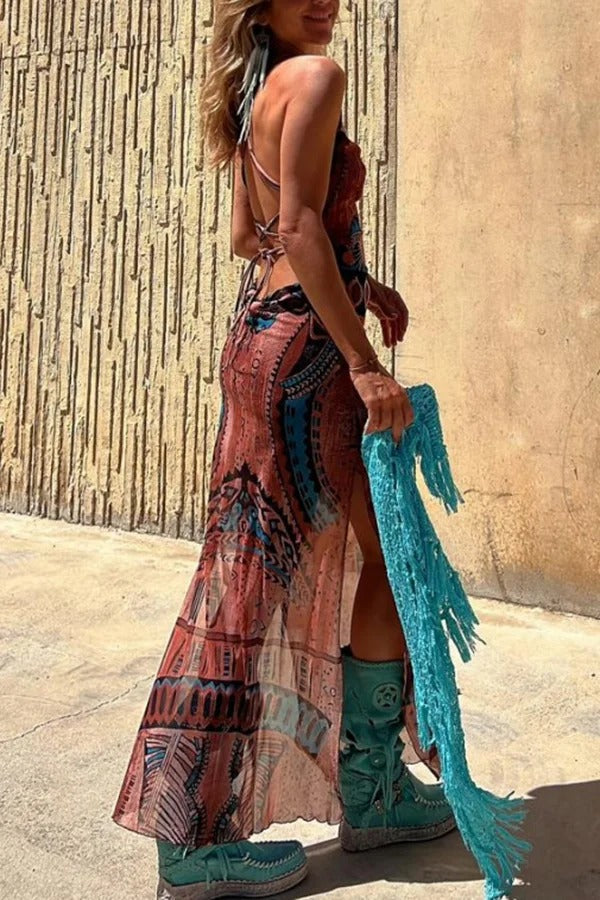 Griselda Exclusive Midi Dress with a Unique Gypsy Style Print, Cowl Neckline At the Back, Lace Up Fastening and Slit Evening Wear Edit