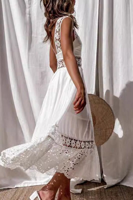 Lace Panel Square Neck Wide Strap Pleated Maxi Dress