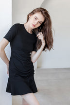 Short Sleeve Round Neck Side Ruched Drawstring Flounce Hem Mini Dress