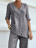 Full Size V-Neck Half Sleeve Top and Pants Set Plus Size