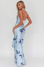 Floral Halter Deep V-Neck Knot Front Tie Sash Maxi Dress