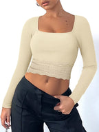 Solid Color Lace Hem Square Neck Crop Long Sleeve Knit