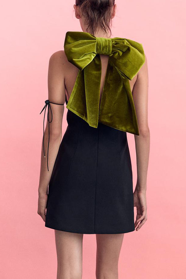 Oversized Velvet Bow Shoulder Open Back Sleeveless Mini Dress
