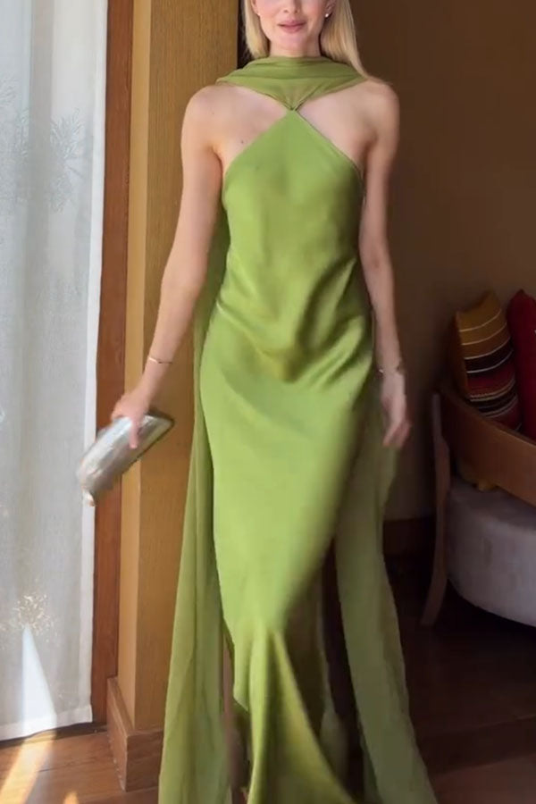 Elegant and Refined Satin Detachable Scarf-style Halter Maxi Dress