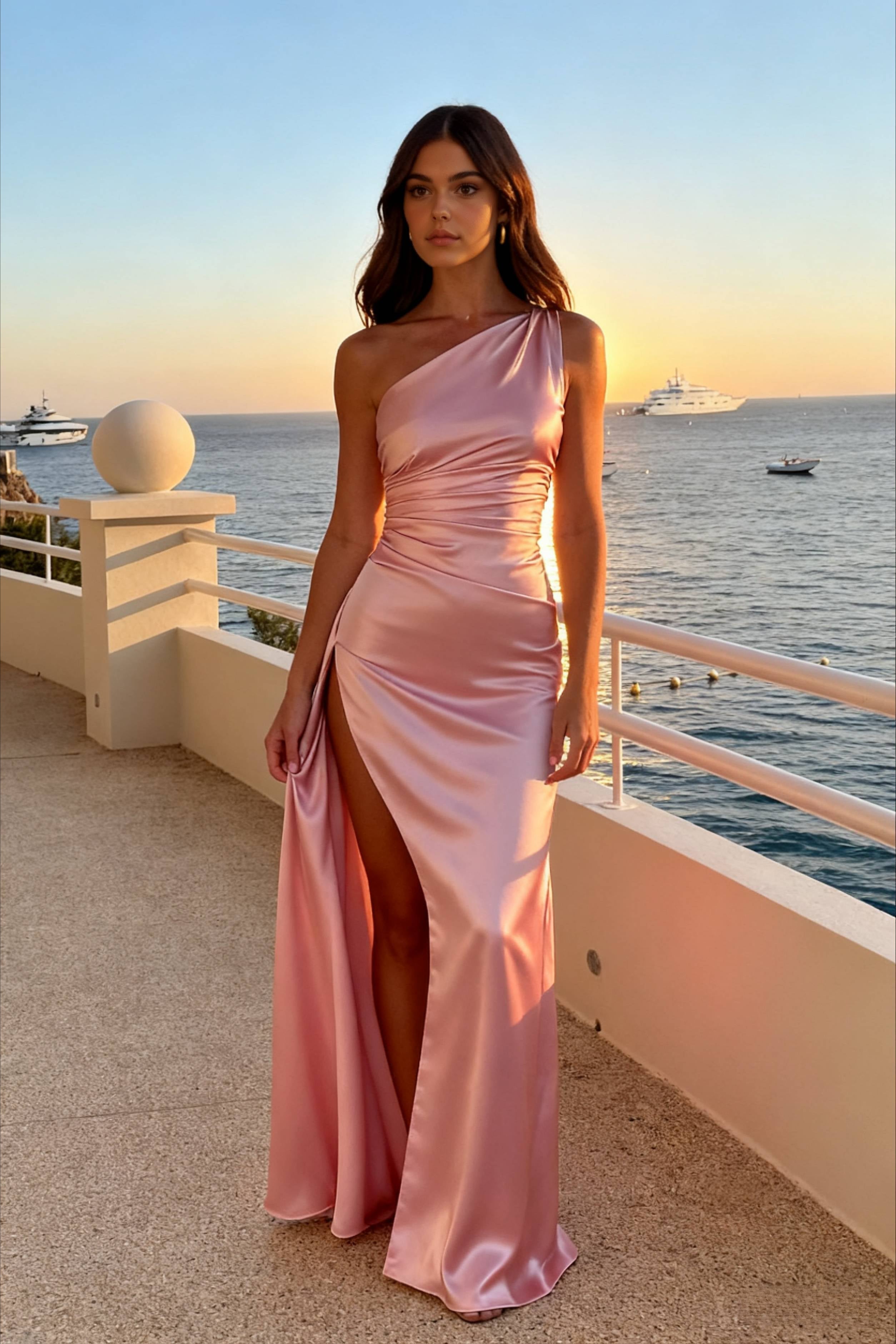Satin One Shoulder Ruched Waist High Split Maxi Dress