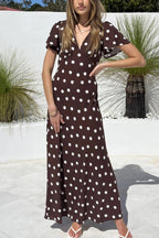 Polka Dot Print V-neck Short-sleeved Casual Holiday Maxi Dress