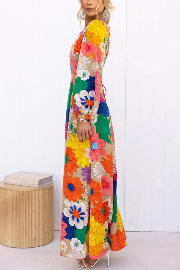 Floral Print Lantern Sleeve Waist Cut Out Maxi Dress