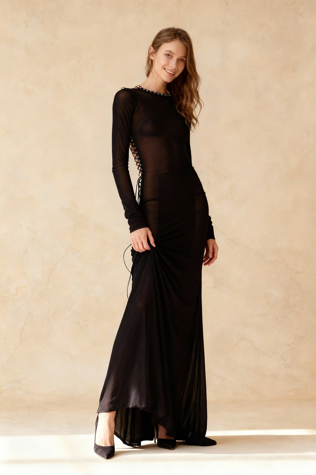 Long Sleeve Lace Up Open Back Sheer Mesh Maxi Dress