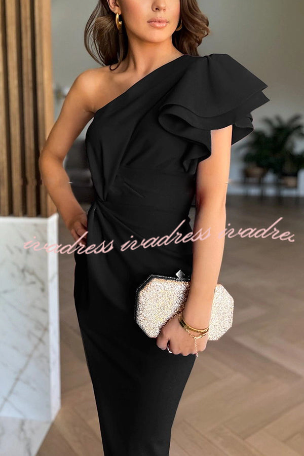 Saona One Shoulder Tiered Ruffle Sleeve Twist Asymmetrical Slit Gown Maxi Dress
