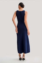 Ribbed Knit Button Front Crew Neck Pocket Bodycon Midi Dress