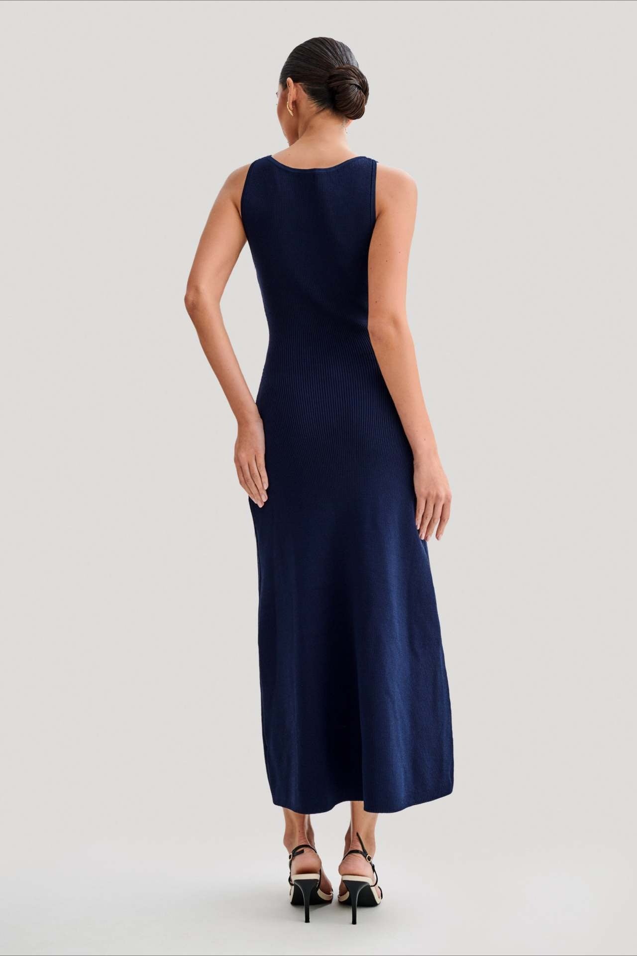 Ribbed Knit Button Front Crew Neck Pocket Bodycon Midi Dress