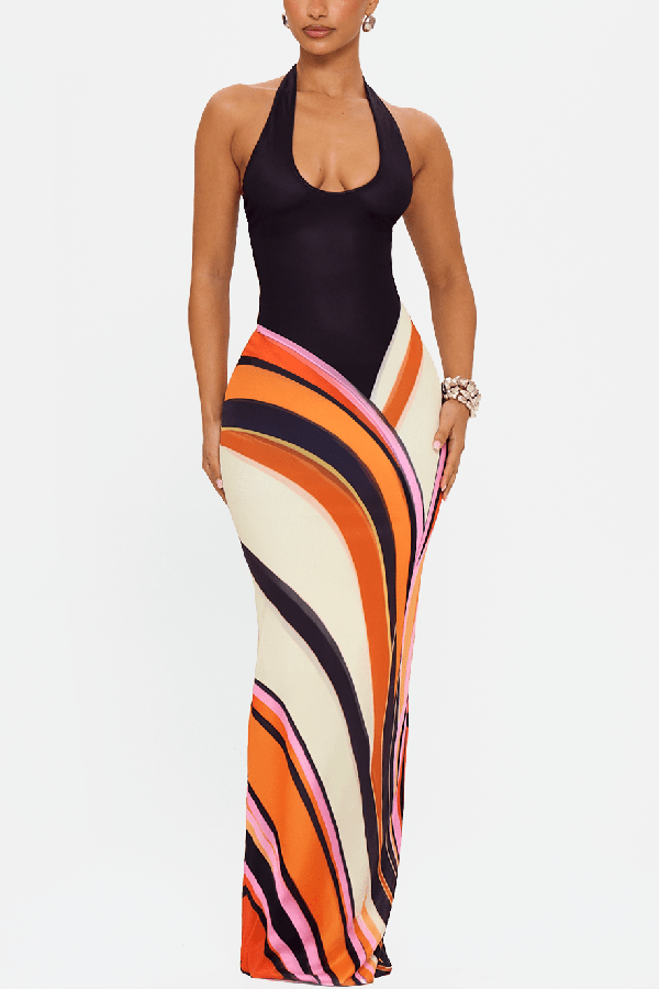 Summer Newness Colorblock Swirl Print Halter Neck Stretch Maxi Dress