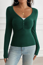 Button Detail Lace Trim V-Neck Long Sleeve Tee
