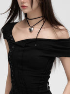 Button Off Shoulder Patchwork Short Sleeve Knits