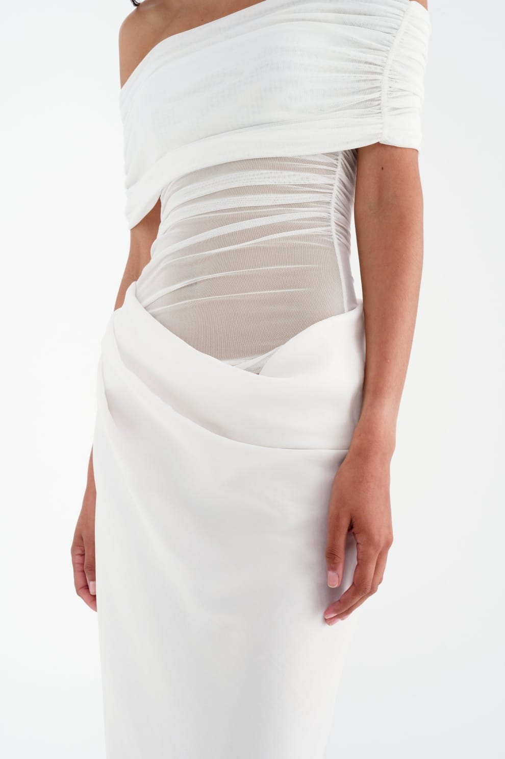 Off Shoulder Ruched Mesh Waist Panel Draped Overlay Maxi Gown