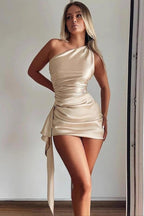 Satin One Shoulder Ruched Side Sash Tie Bodycon Mini Dress