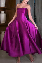 Strapless Satin Ball Gown Floor Length A-Line Maxi Dress