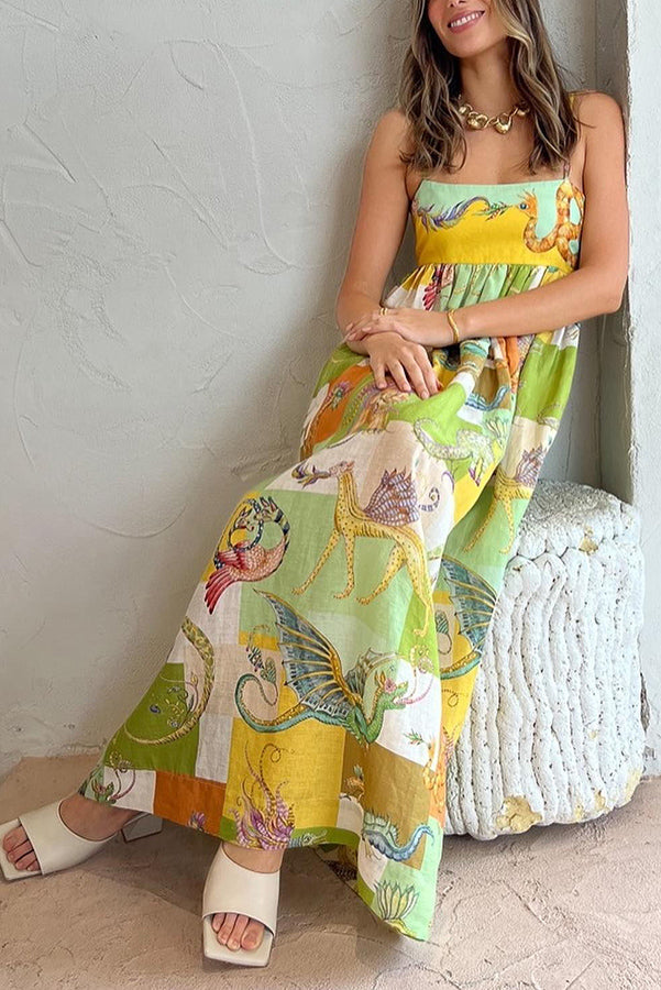Dragon Print Patchwork Grid Empire Waist Pocketed Maxi Dress