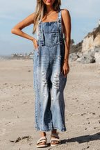 Blue Zone Planet | Stone Blue Distressed Bib Pocket Wide Leg Denim Overall