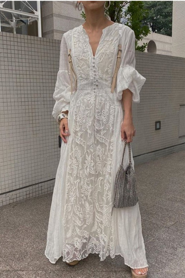 Floral Embroidered V-Neck Button Front Puff Sleeve Maxi Dress