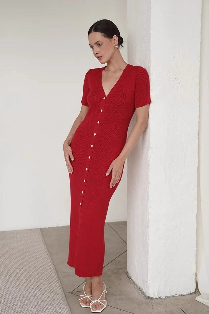 V-Neck Ribbed Knit Pearl Button Short Sleeve Bodycon Midi Sweater Dress