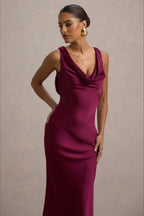 Satin Cowl Neck Wide Strap Diagonal Panel Column Maxi Gown