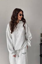 Letter Print Half-Zip Hoodie Loose Straight Pants Two Piece Set